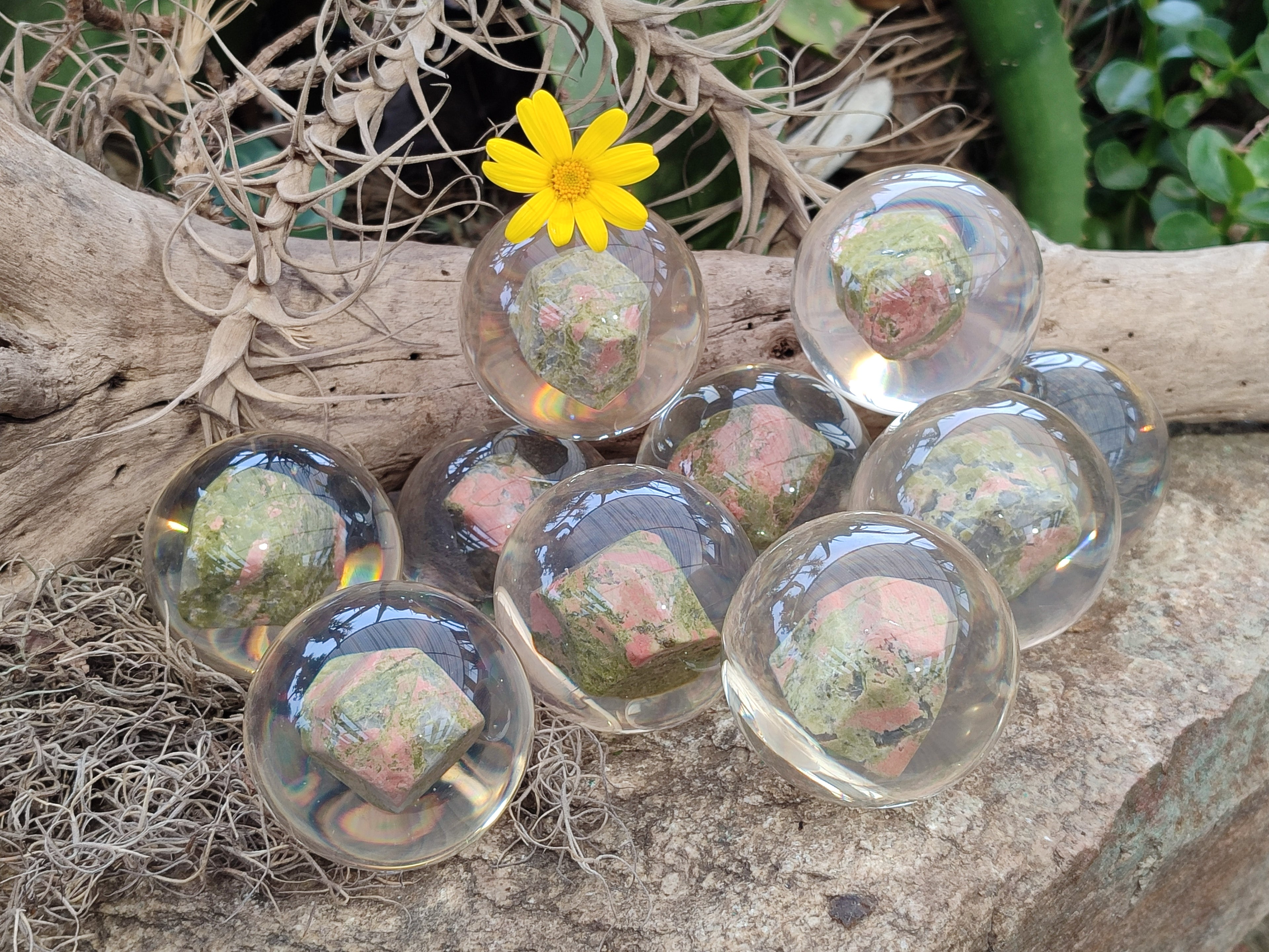 Polished Pink and Green Unakite cobbed piece in PVC Resin Sphere - sold per item - From South Africa - Toprock Gemstones and Minerals 