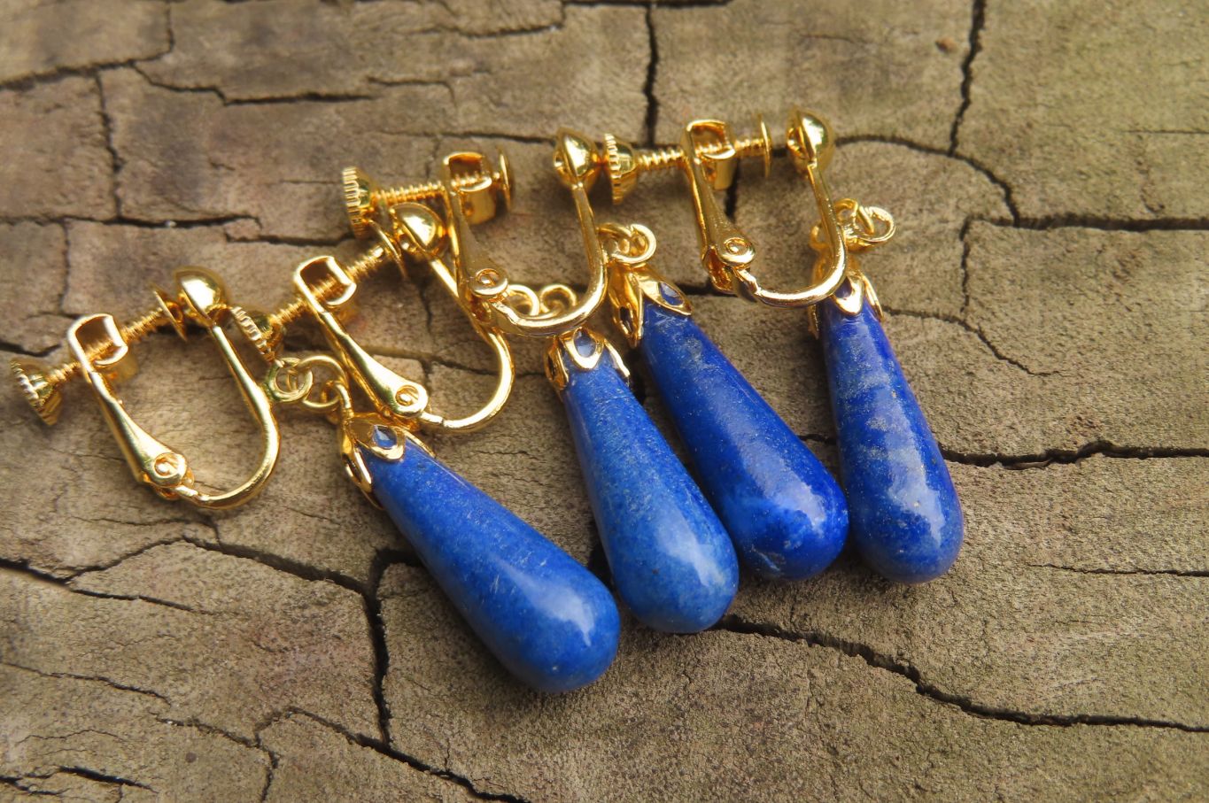Polished Pair of Lapis Lazuli Tear Drop Clip On Earrings - Sold Per Pair - From Afghanistan - Toprock Gemstones and Minerals 