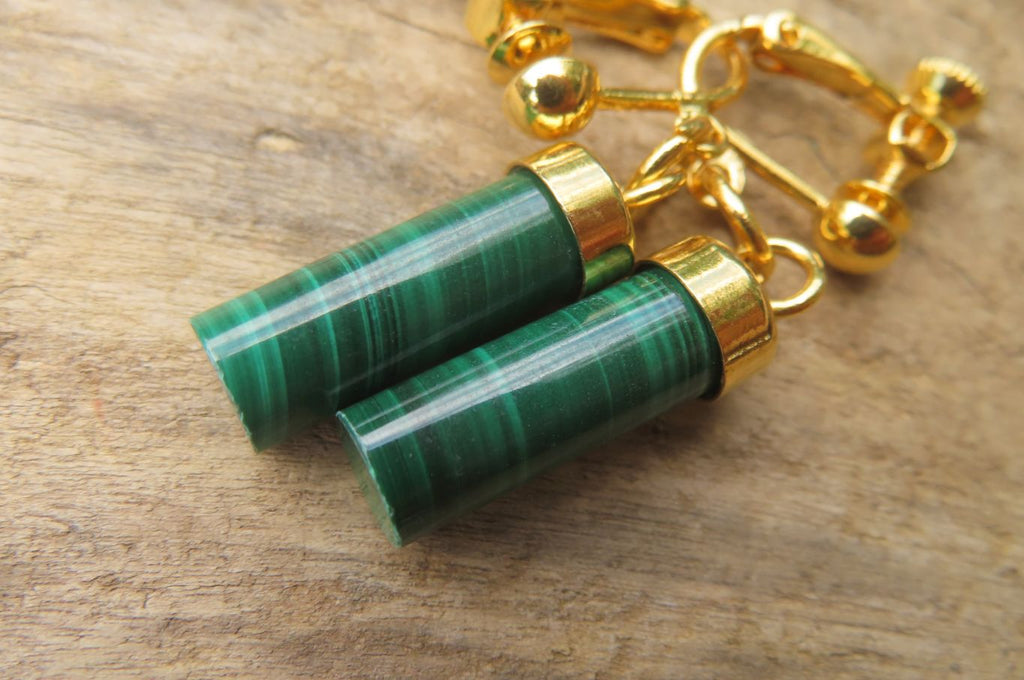Polished Pair of Malachite Cylinder Clip On Earrings - Sold Per Pair - From Congo - Toprock Gemstones and Minerals 