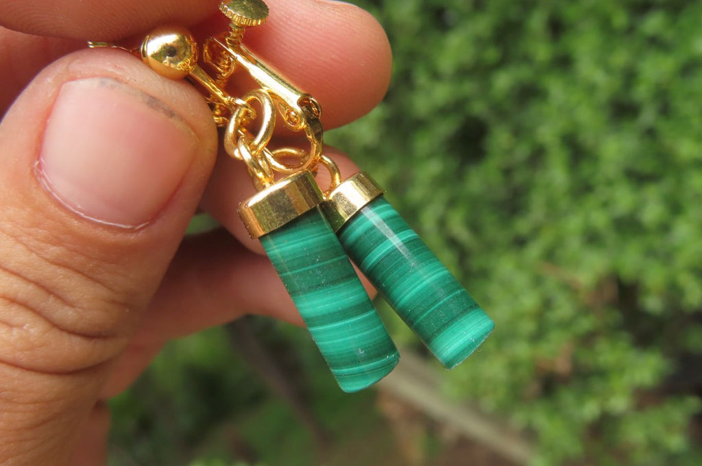 Polished Pair of Malachite Cylinder Clip On Earrings - Sold Per Pair - From Congo - Toprock Gemstones and Minerals 