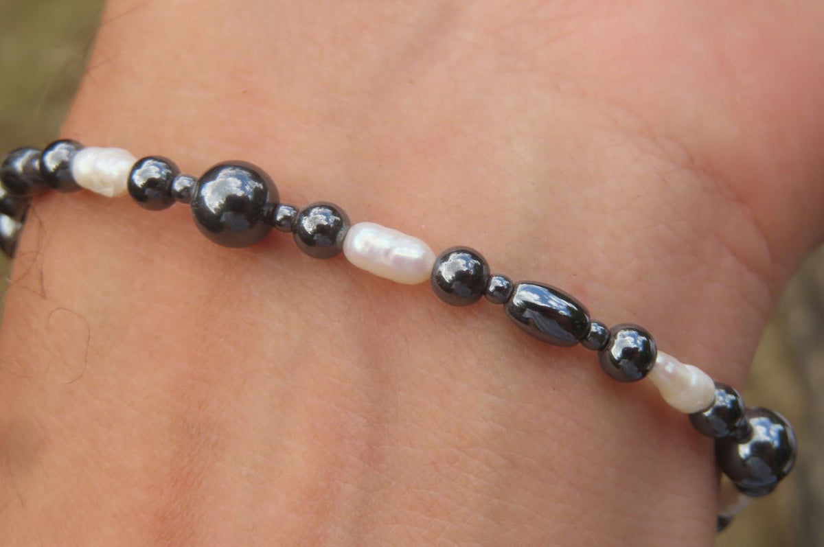 Polished Hematite and Freshwater Pearl Beaded Bracelet- Sold Per Item - From Southern Africa - Toprock Gemstones and Minerals 