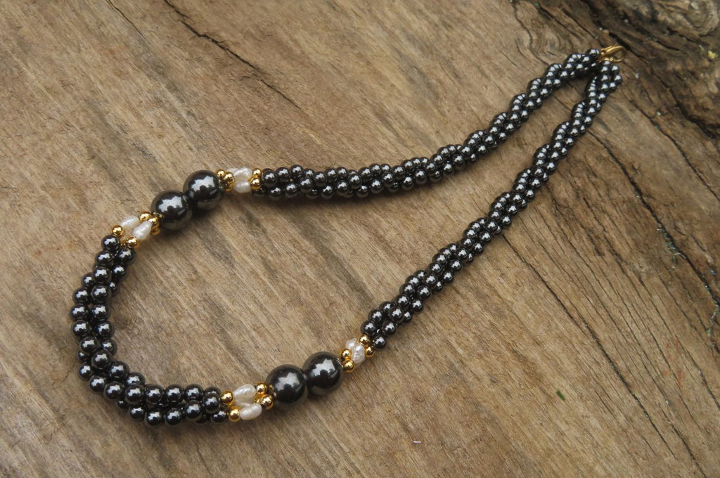 Polished Hematite and Freshwater Pearl Twisted Beaded Necklace - Sold Per Item - From Southern Africa - Toprock Gemstones and Minerals 