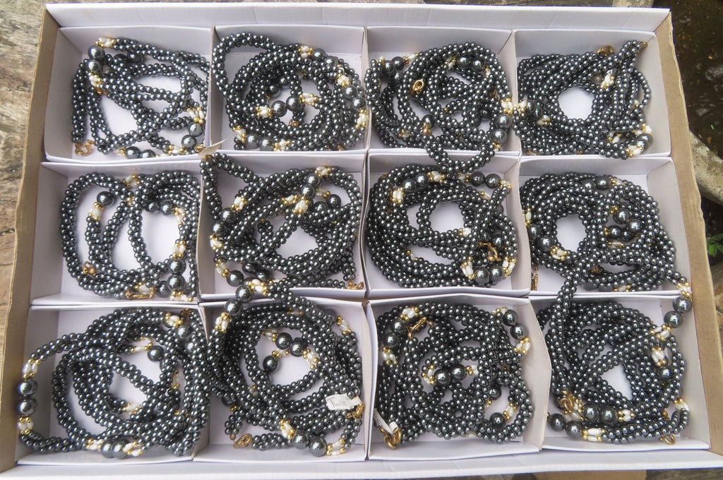 Polished Hematite and Freshwater Pearl Twisted Beaded Necklace - Sold Per Item - From Southern Africa - Toprock Gemstones and Minerals 