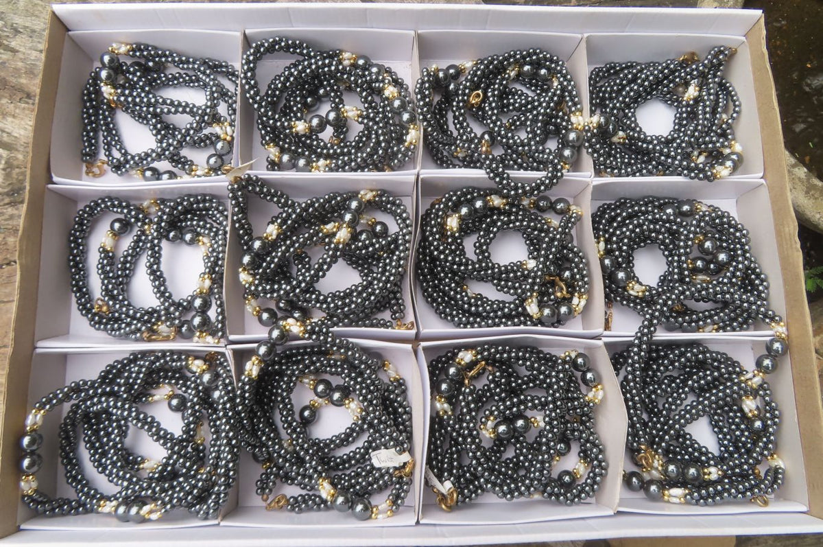 Polished Hematite and Freshwater Pearl Twisted Beaded Necklace - Sold Per Item - From Southern Africa - Toprock Gemstones and Minerals 