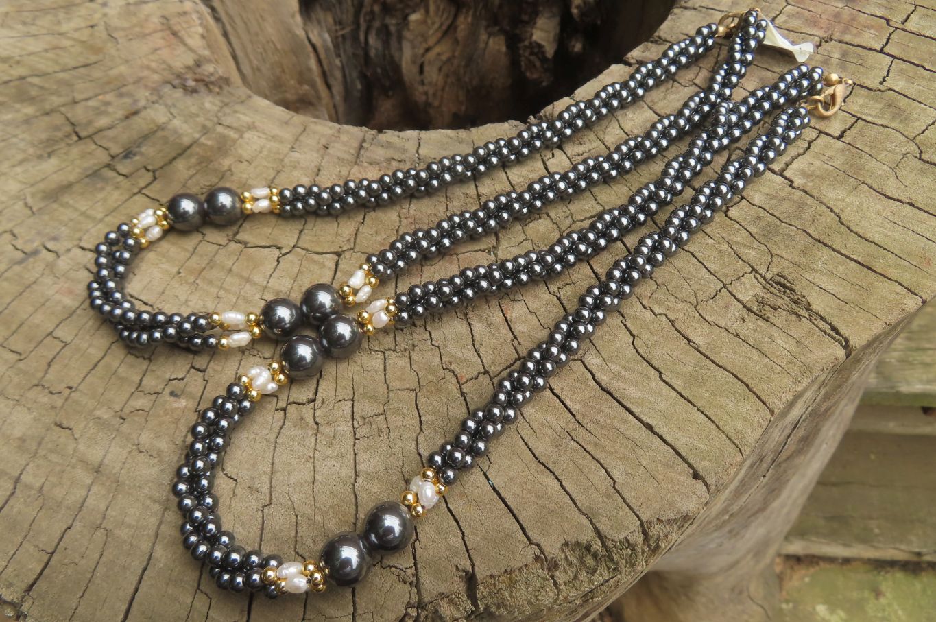 Polished Hematite and Freshwater Pearl Twisted Beaded Necklace - Sold Per Item - From Southern Africa - Toprock Gemstones and Minerals 
