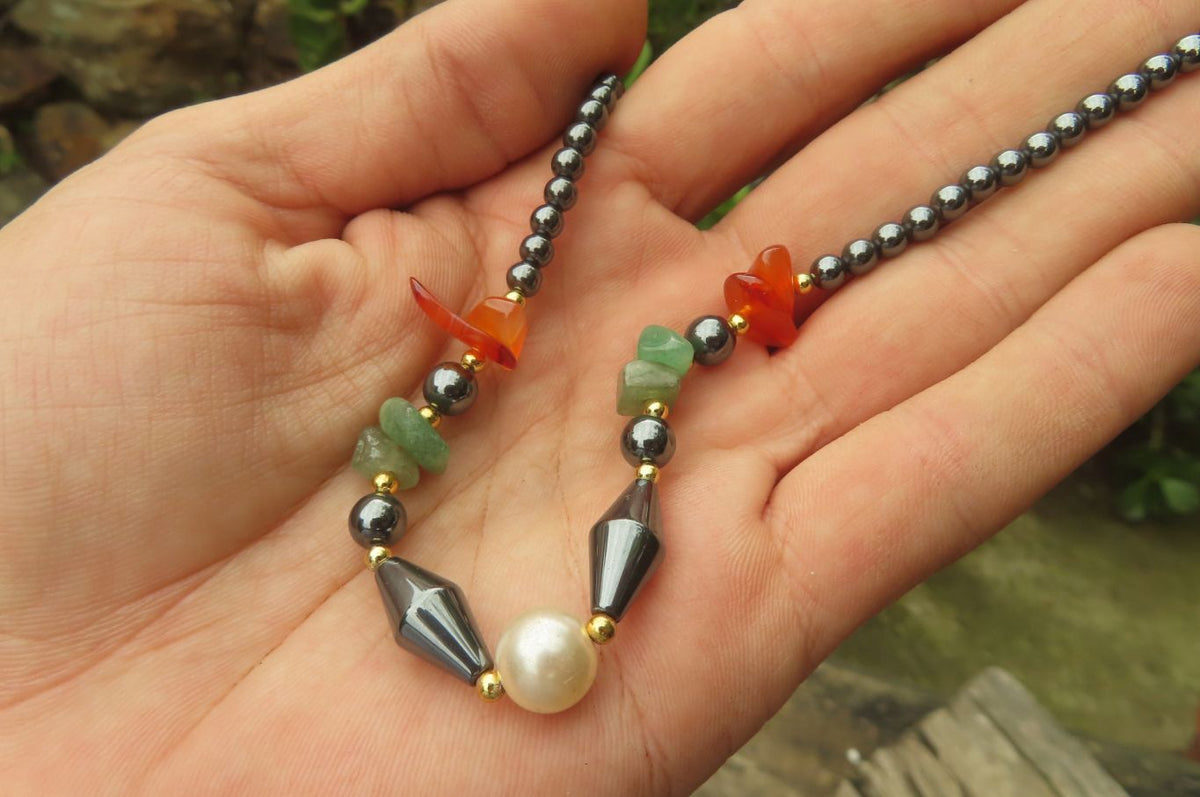 Polished Hematite, Carnelian, Aventurine and Freshwater Pearl Beaded Necklace - Sold Per Item - From Southern Africa - Toprock Gemstones and Minerals 