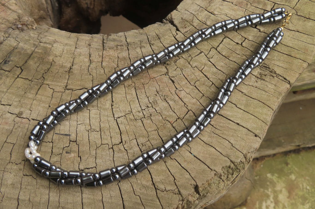 Polished Hematite and Freshwater Pearl Triple Twisted Beaded Necklace - Sold Per Item - From Southern Africa - Toprock Gemstones and Minerals 