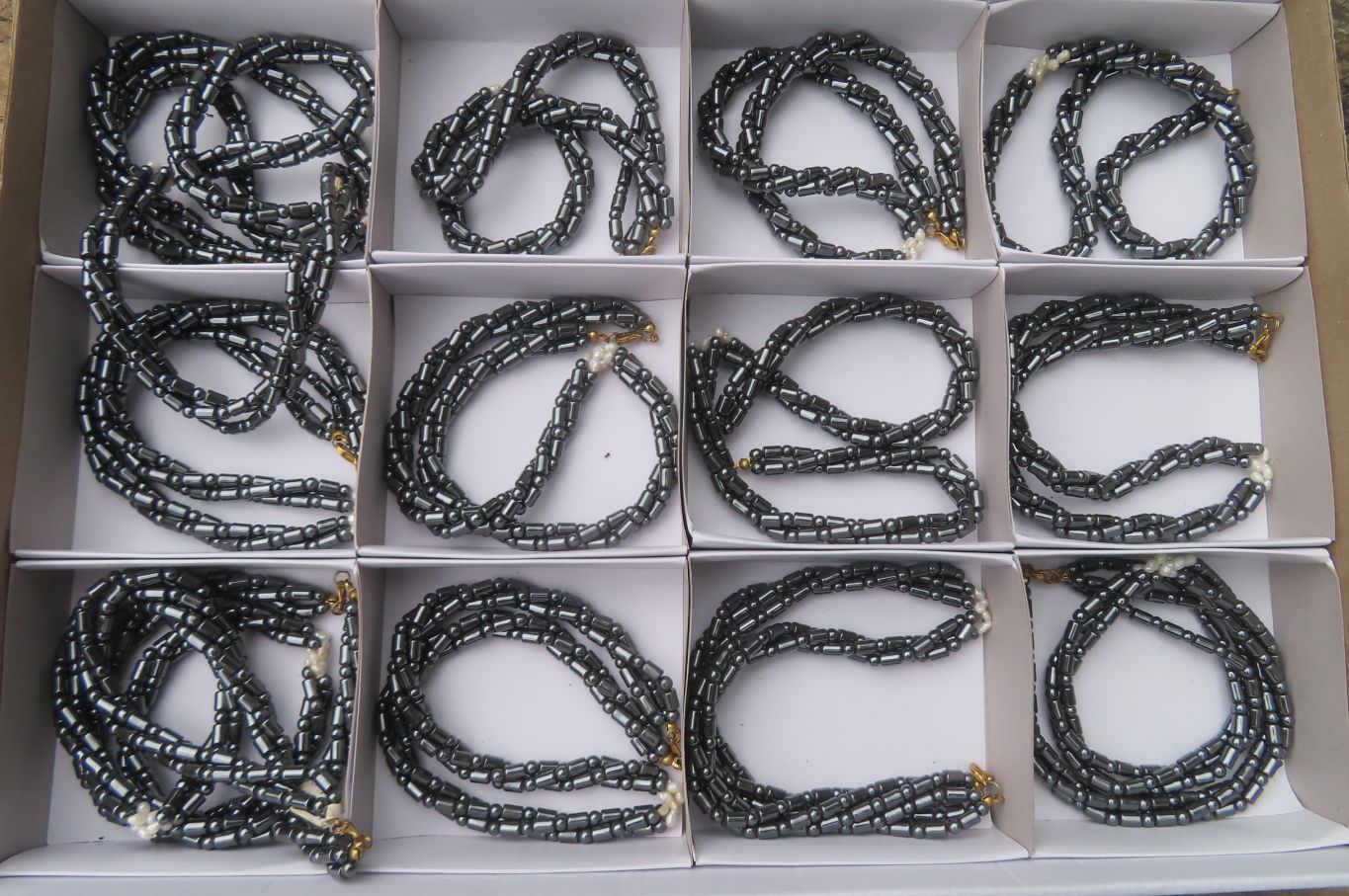 Polished Hematite and Freshwater Pearl Triple Twisted Beaded Necklace - Sold Per Item - From Southern Africa - Toprock Gemstones and Minerals 