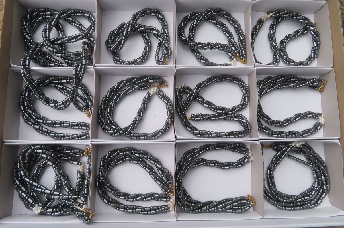 Polished Hematite and Freshwater Pearl Triple Twisted Beaded Necklace - Sold Per Item - From Southern Africa - Toprock Gemstones and Minerals 