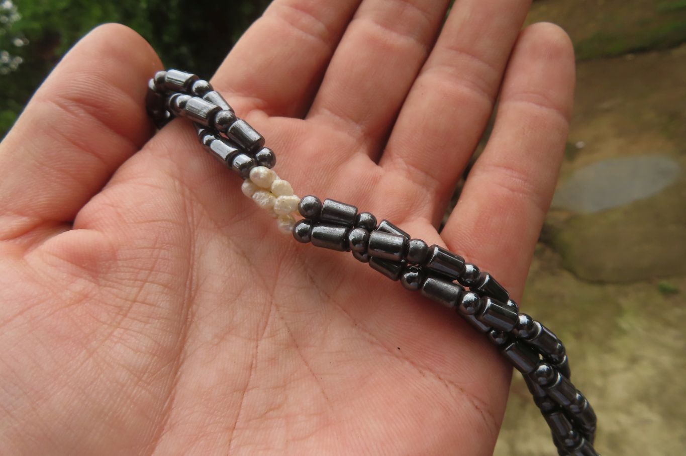Polished Hematite and Freshwater Pearl Triple Twisted Beaded Necklace - Sold Per Item - From Southern Africa - Toprock Gemstones and Minerals 