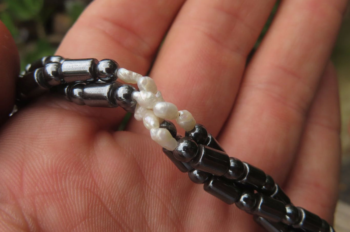 Polished Hematite and Freshwater Pearl Triple Twisted Beaded Necklace - Sold Per Item - From Southern Africa - Toprock Gemstones and Minerals 