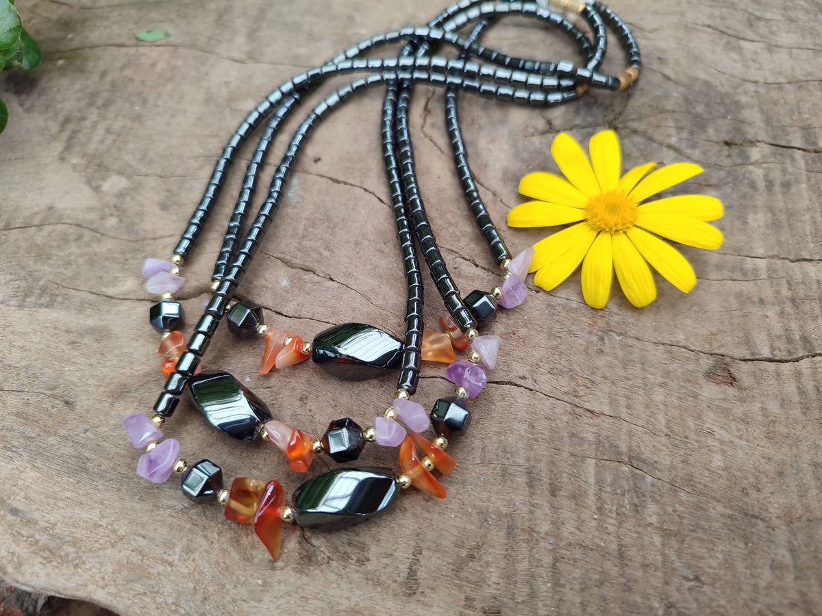 Polished Hematite, Carnelian, Amethyst Beaded Necklace x 3 From Southern Africa - Toprock Gemstones and Minerals 