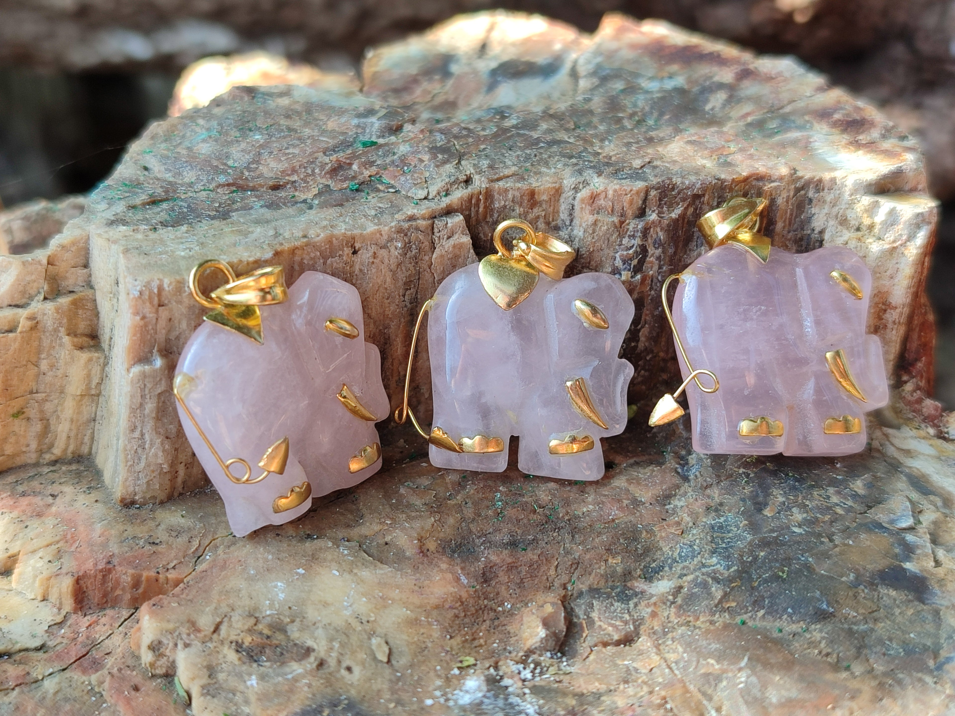 Polished Rose Quartz Elephant Pendant with 9ct Gold Bail and Trim - Sold Per Item - From South Africa - Toprock Gemstones and Minerals 