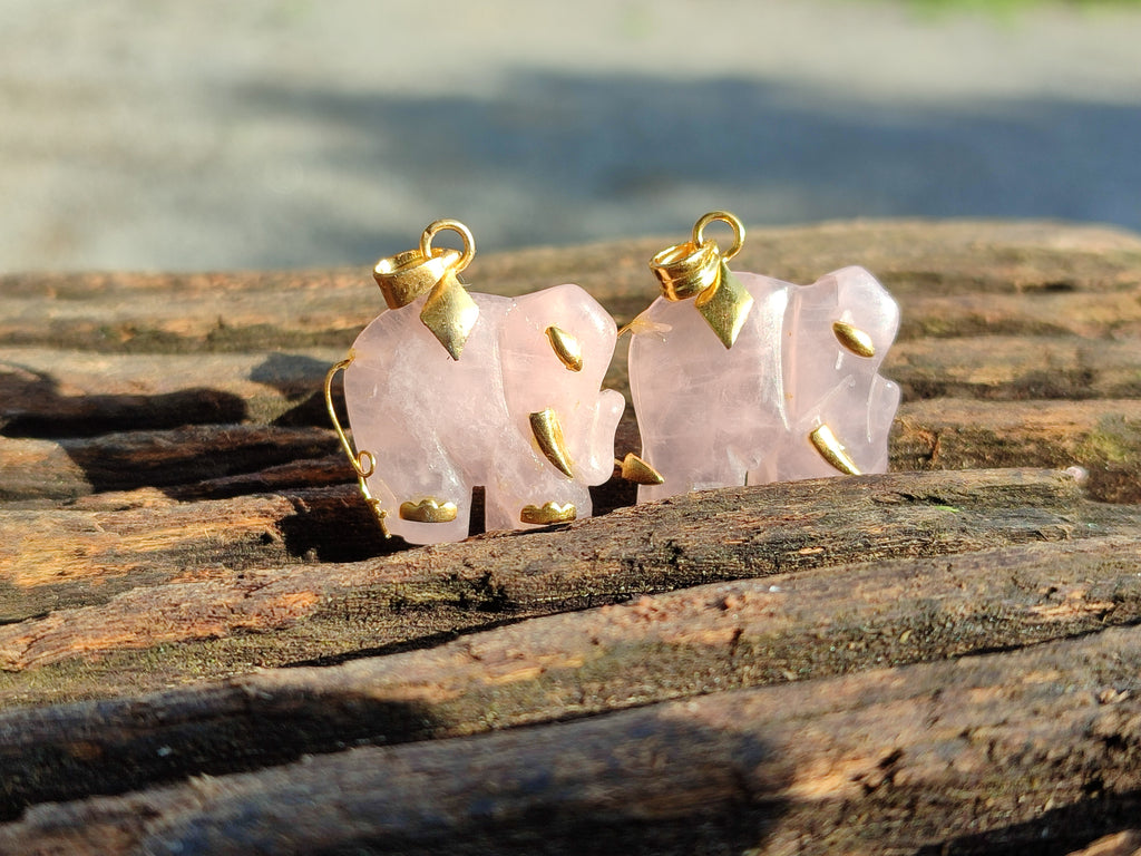 Polished Rose Quartz Elephant Pendant with 9ct Gold Bail and Trim - Sold Per Item - From South Africa - Toprock Gemstones and Minerals 