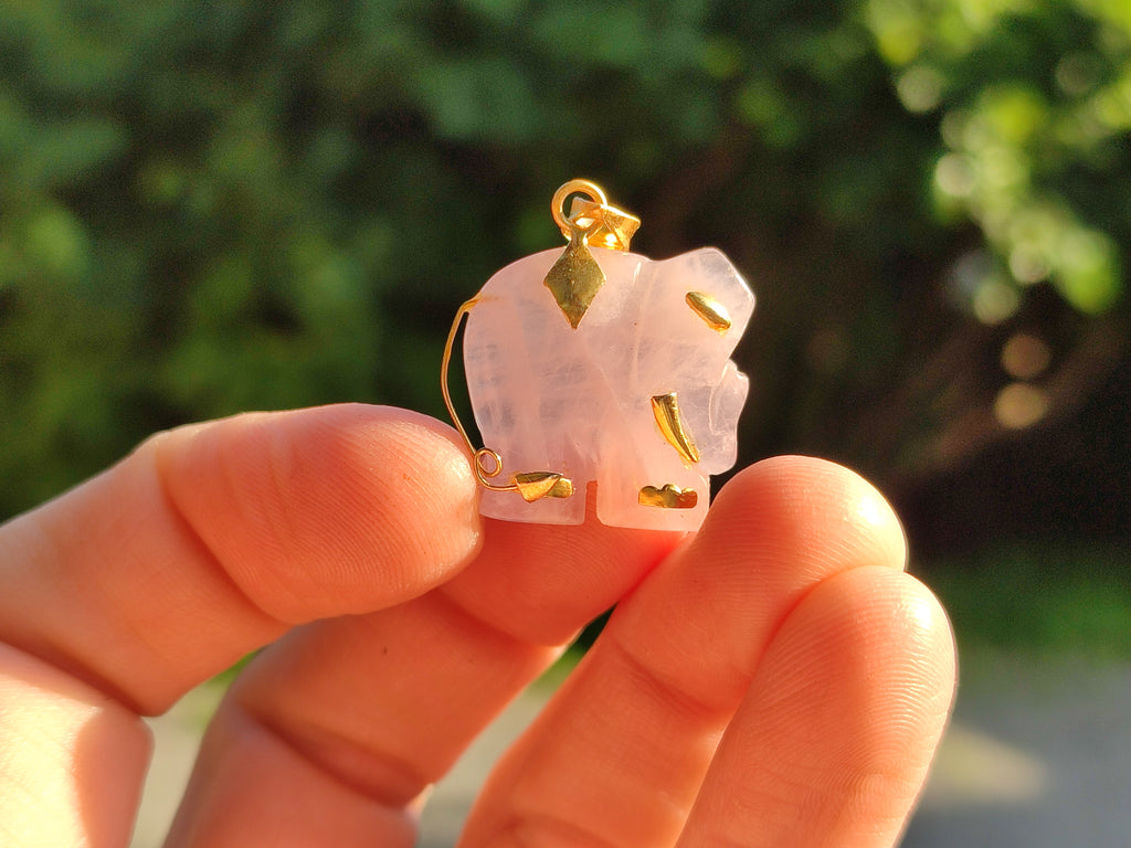 Polished Rose Quartz Elephant Pendant with 9ct Gold Bail and Trim - Sold Per Item - From South Africa - Toprock Gemstones and Minerals 