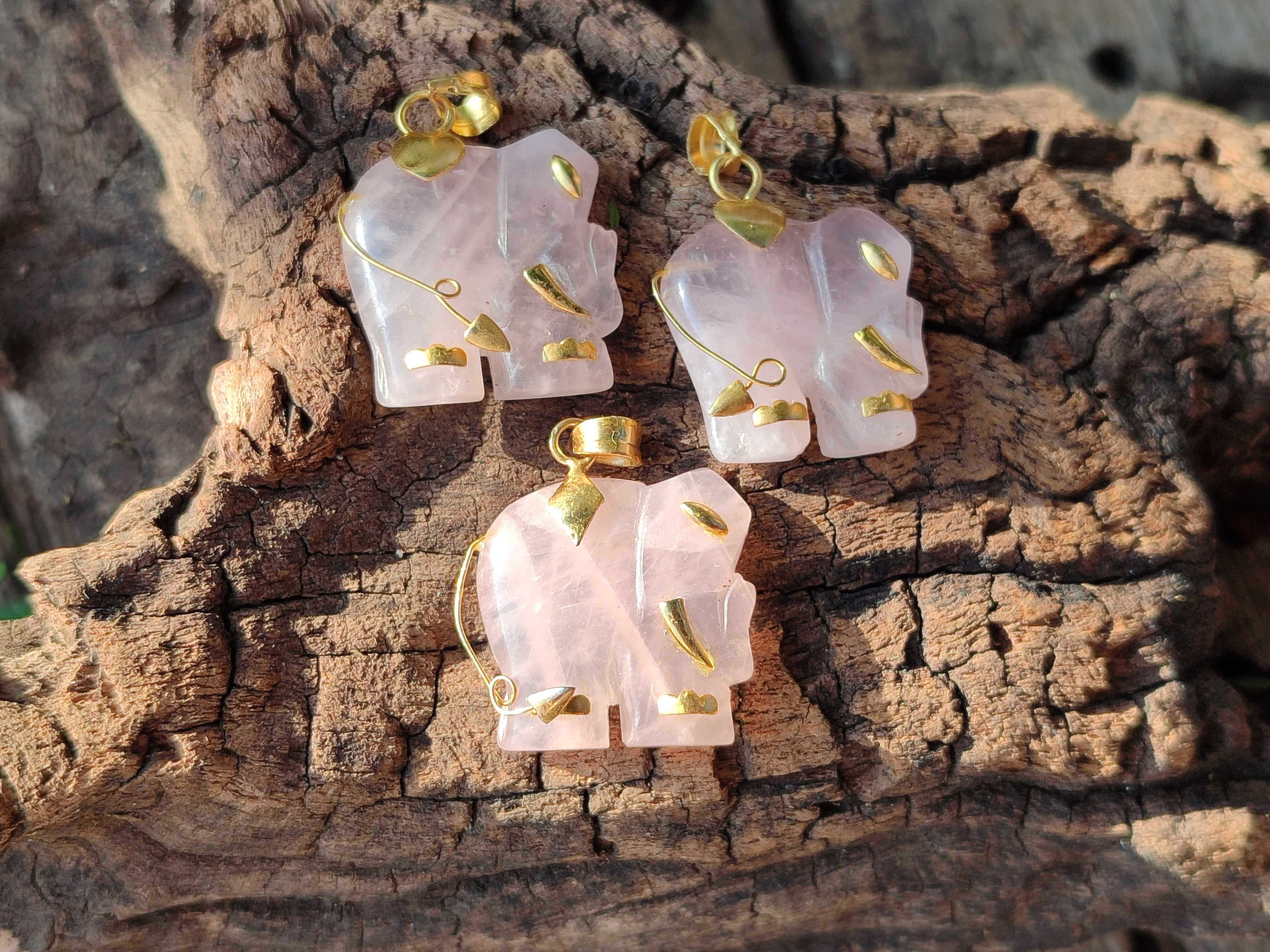 Polished Rose Quartz Elephant Pendant with 9ct Gold Bail and Trim - Sold Per Item - From South Africa - Toprock Gemstones and Minerals 