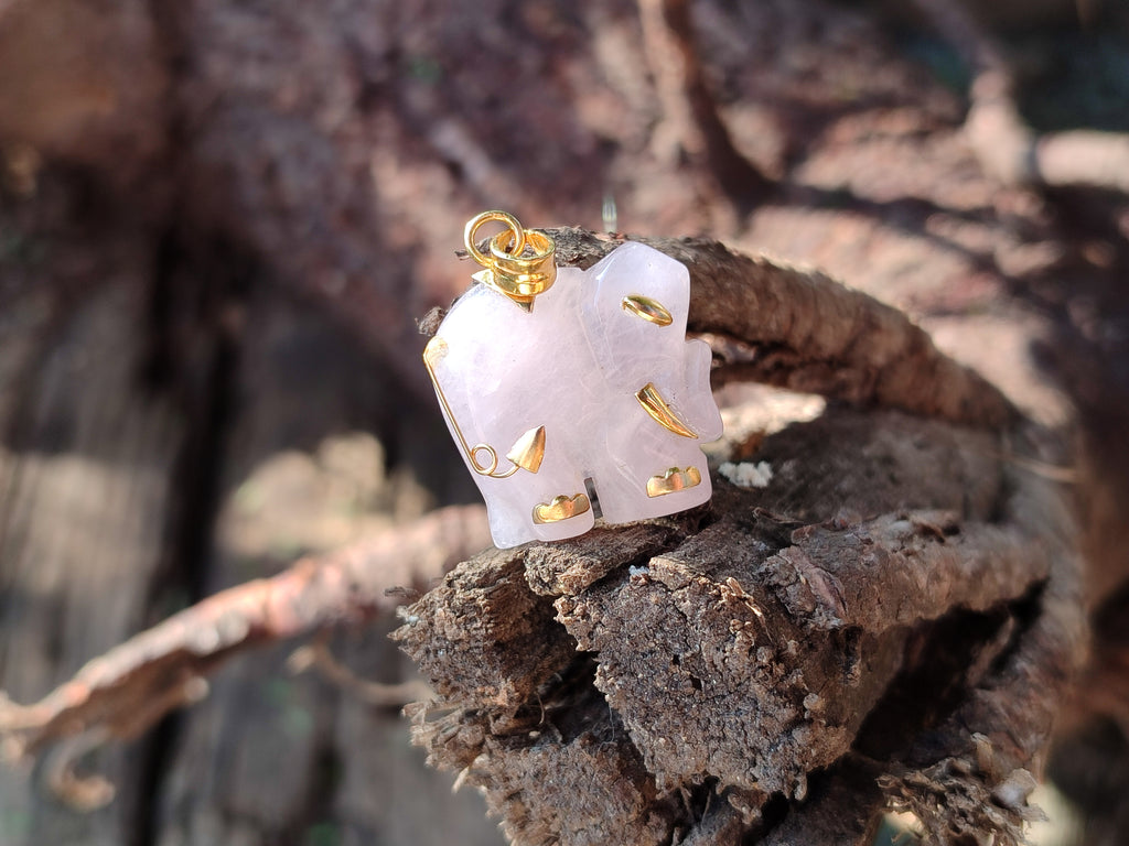 Polished Rose Quartz Elephant Pendant with 9ct Gold Bail and Trim - Sold Per Item - From South Africa - Toprock Gemstones and Minerals 