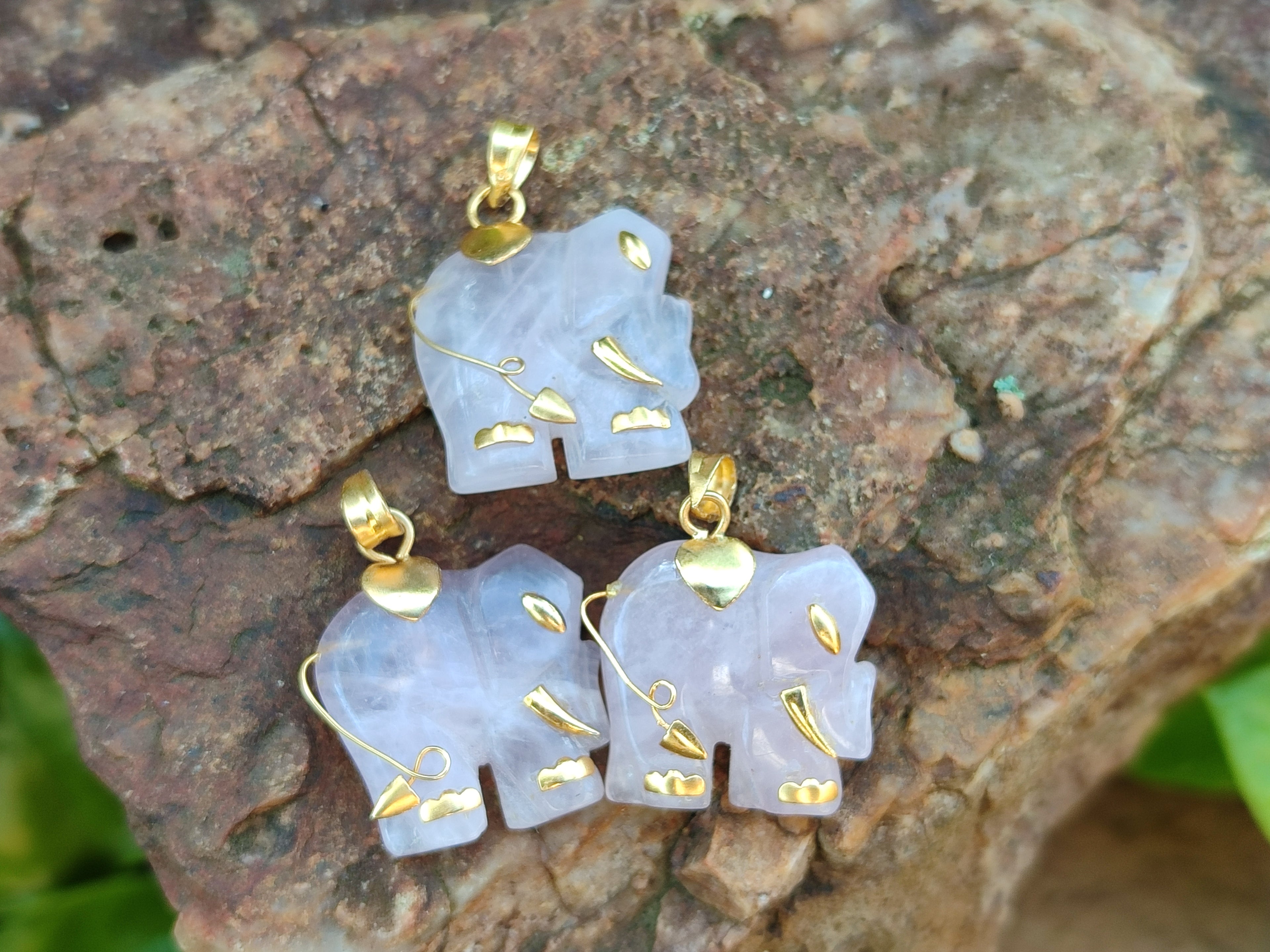 Polished Rose Quartz Elephant Pendant with 9ct Gold Bail and Trim - Sold Per Item - From South Africa - Toprock Gemstones and Minerals 