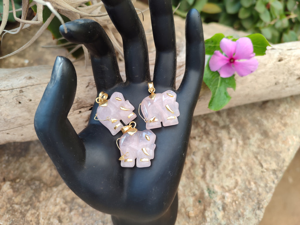 Polished Rose Quartz Elephant Pendant with 9ct Gold Bail and Trim - Sold Per Item - From South Africa - Toprock Gemstones and Minerals 