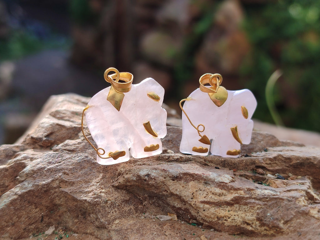 Polished Rose Quartz Elephant Pendant with 9ct Gold Bail and Trim - Sold Per Item - From South Africa - Toprock Gemstones and Minerals 