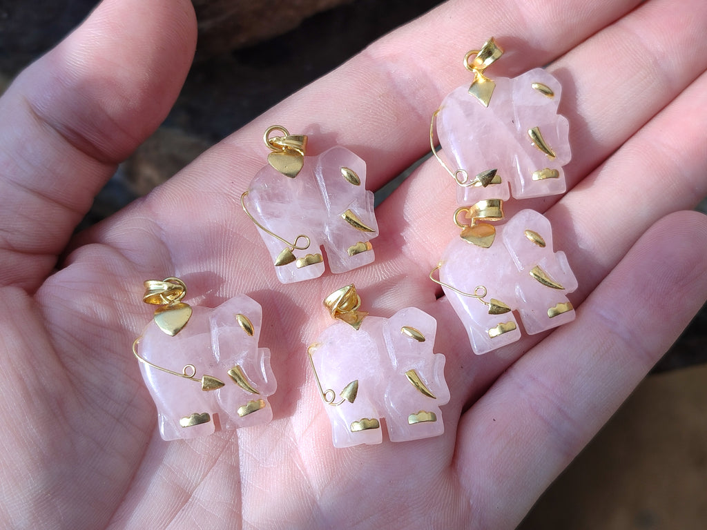 Polished Rose Quartz Elephant Pendant with 9ct Gold Bail and Trim - Sold Per Item - From South Africa - Toprock Gemstones and Minerals 
