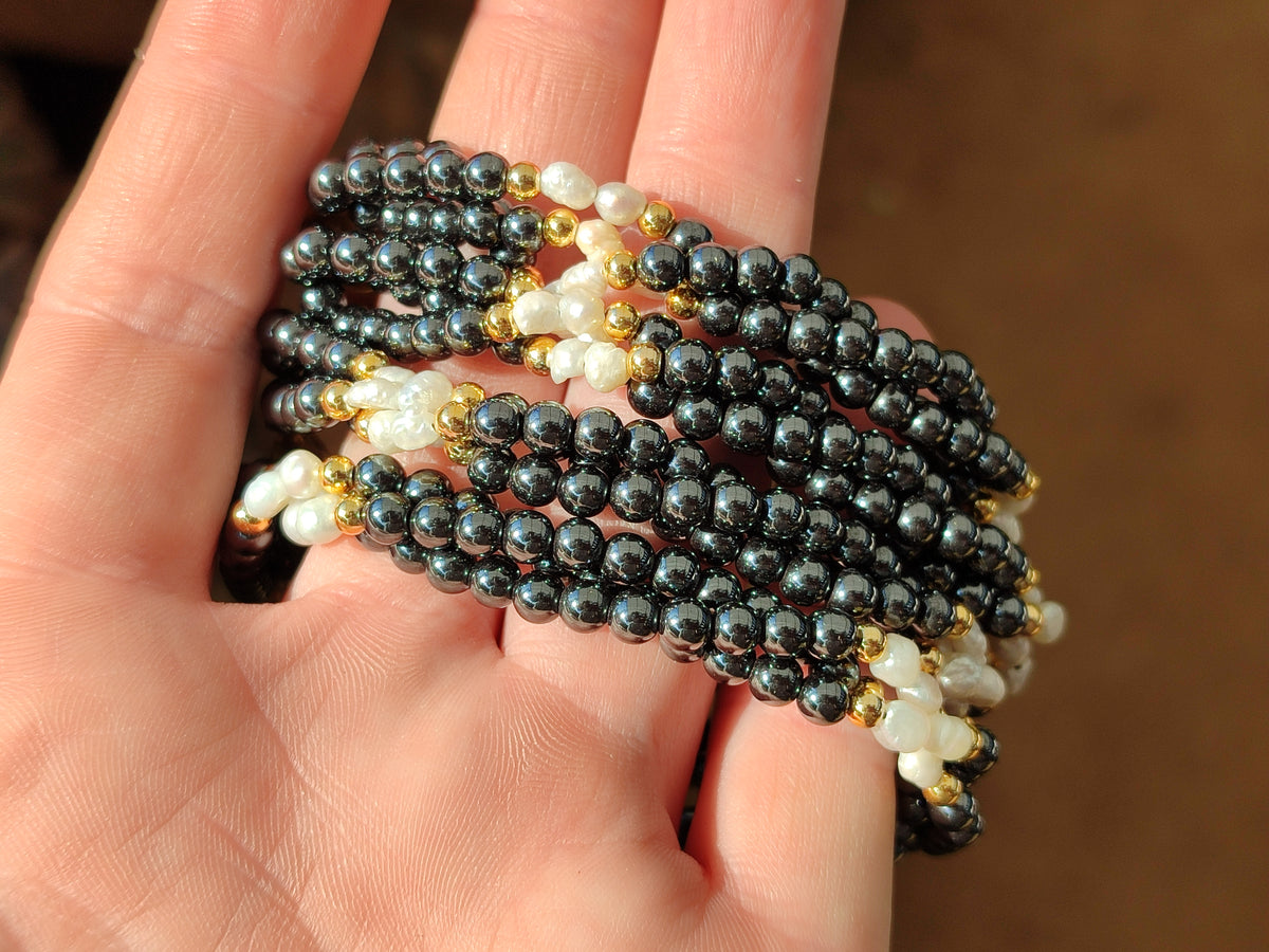 Polished Hematite and Freshwater Pearl Beaded Bracelet - Sold Per Item - From Southern Africa - Toprock Gemstones and Minerals 
