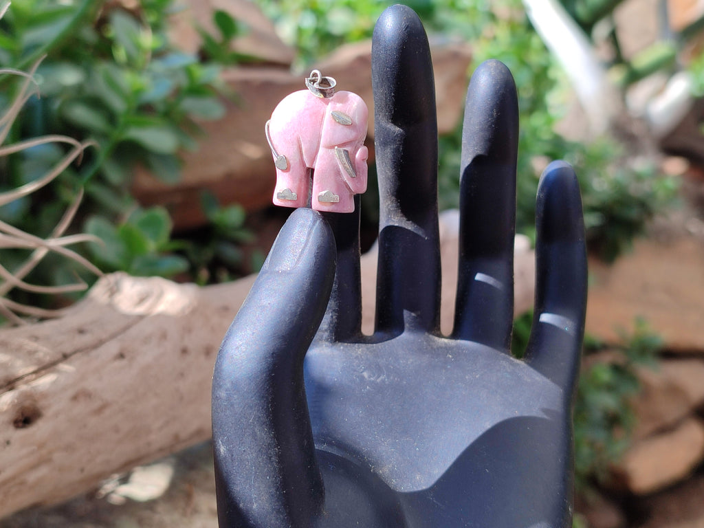 Polished Rhodonite Pink Elephant Pendant with Silver Bail and Trim - Sold Per Item - From Madagascar - Toprock Gemstones and Minerals 