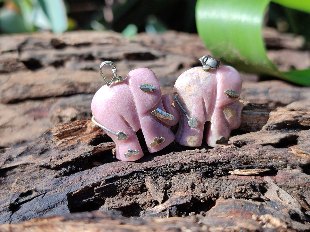 Polished Rhodonite Pink Elephant Pendant with Silver Bail and Trim - Sold Per Item - From Madagascar - Toprock Gemstones and Minerals 