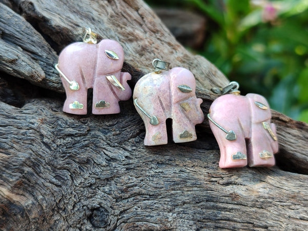 Polished Rhodonite Pink Elephant Pendant with Silver Bail and Trim - Sold Per Item - From Madagascar - Toprock Gemstones and Minerals 