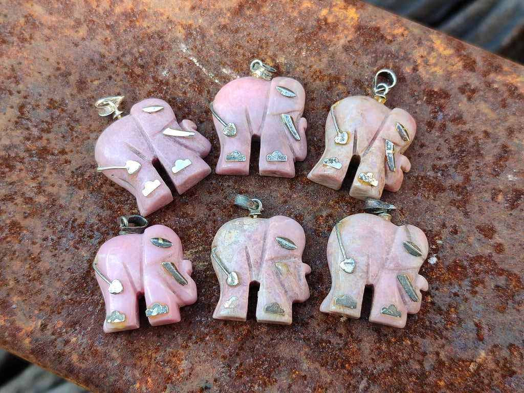 Polished Rhodonite Pink Elephant Pendant with Silver Bail and Trim - Sold Per Item - From Madagascar - Toprock Gemstones and Minerals 