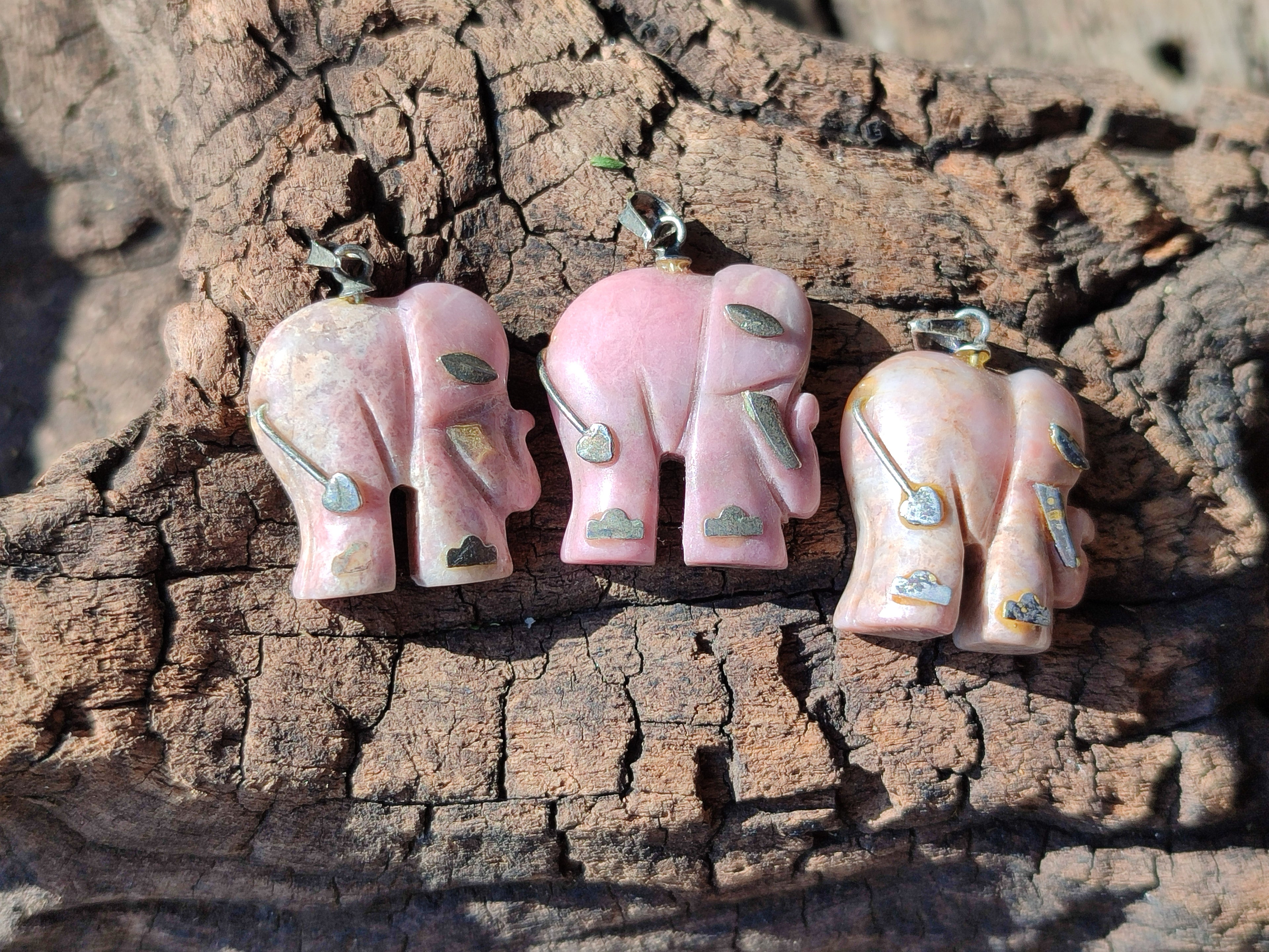 Polished Rhodonite Pink Elephant Pendant with Silver Bail and Trim - Sold Per Item - From Madagascar - Toprock Gemstones and Minerals 