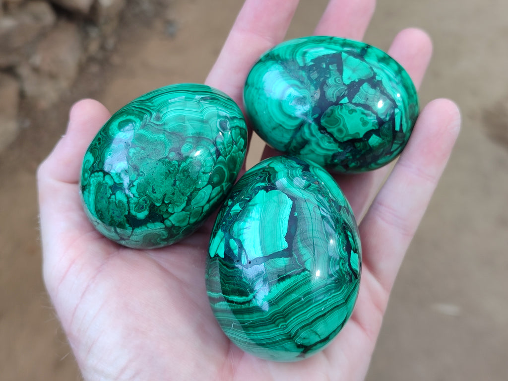 Polished Flower Banded Malachite Eggs x 4 From Congo - Toprock Gemstones and Minerals 
