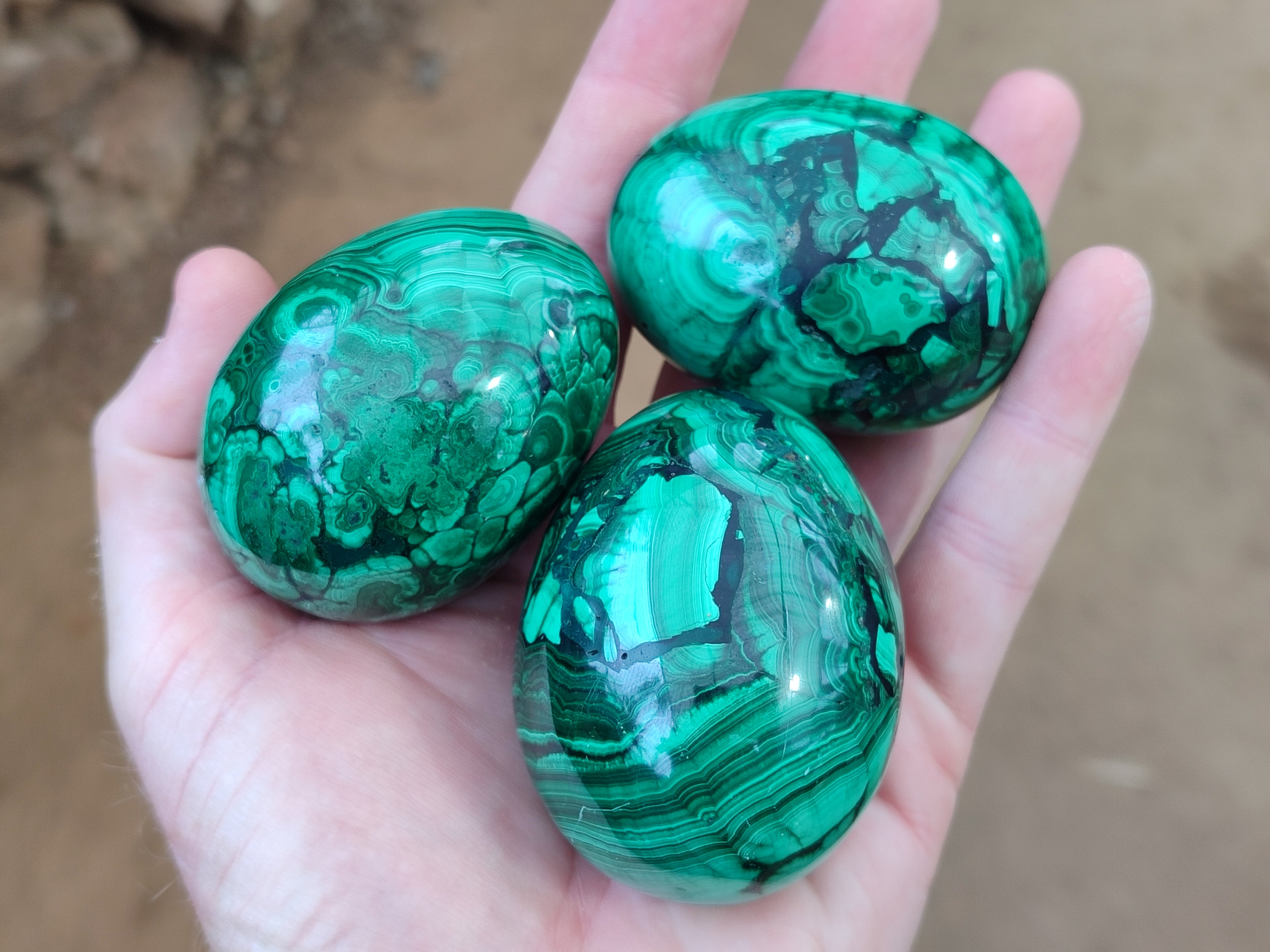 Polished Flower Banded Malachite Eggs x 4 From Congo - Toprock Gemstones and Minerals 