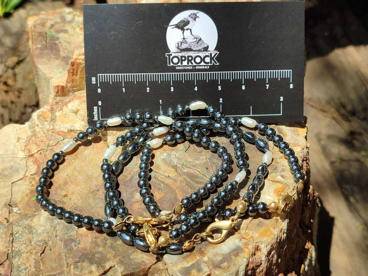 Polished Hematite and Freshwater Pearl Beaded Bracelet - Sold Per Item - From Southern Africa - Toprock Gemstones and Minerals 