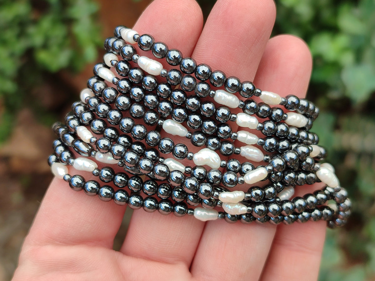 Polished Hematite and Freshwater Pearl Beaded Bracelet - Sold Per Item - From Southern Africa - Toprock Gemstones and Minerals 