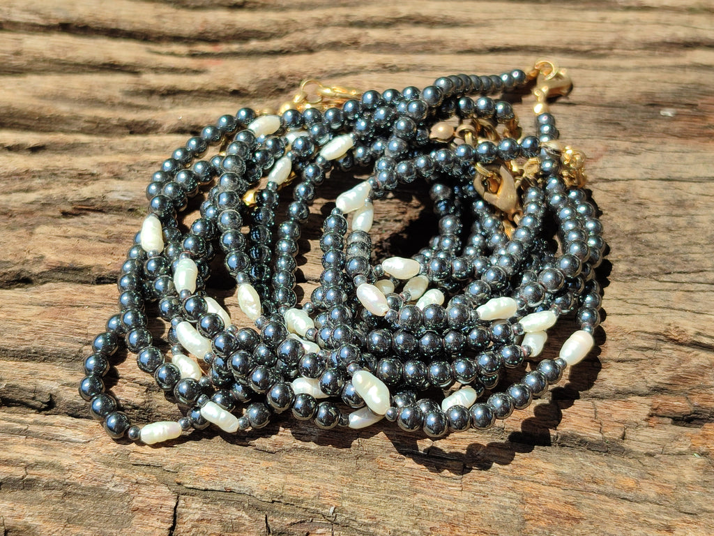 Polished Hematite and Freshwater Pearl Beaded Bracelet - Sold Per Item - From Southern Africa - Toprock Gemstones and Minerals 