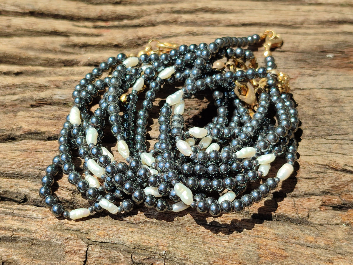 Polished Hematite and Freshwater Pearl Beaded Bracelet - Sold Per Item - From Southern Africa - Toprock Gemstones and Minerals 