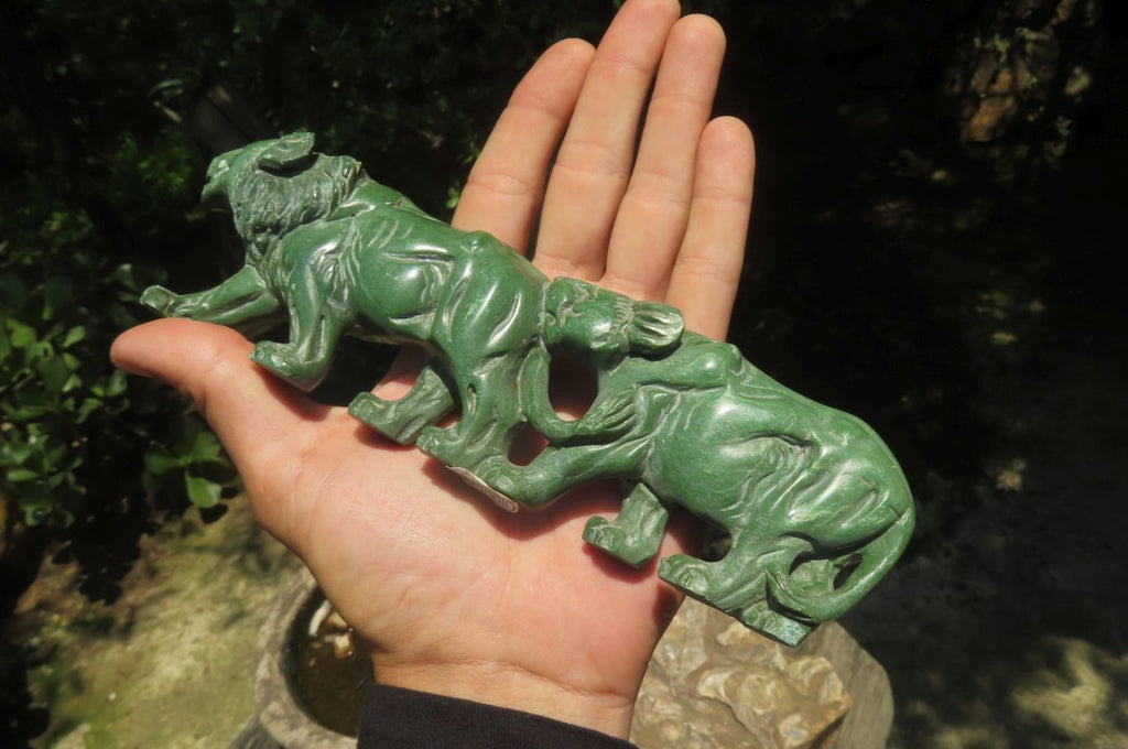 Hand Made Lion & Buffalo Verdite Carvings x 2 From Zimbabwe - Toprock Gemstones and Minerals 