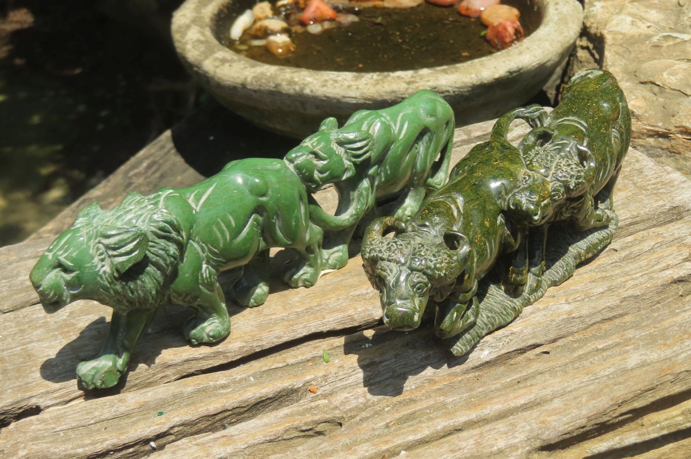 Hand Made Lion & Buffalo Verdite Carvings x 2 From Zimbabwe - Toprock Gemstones and Minerals 