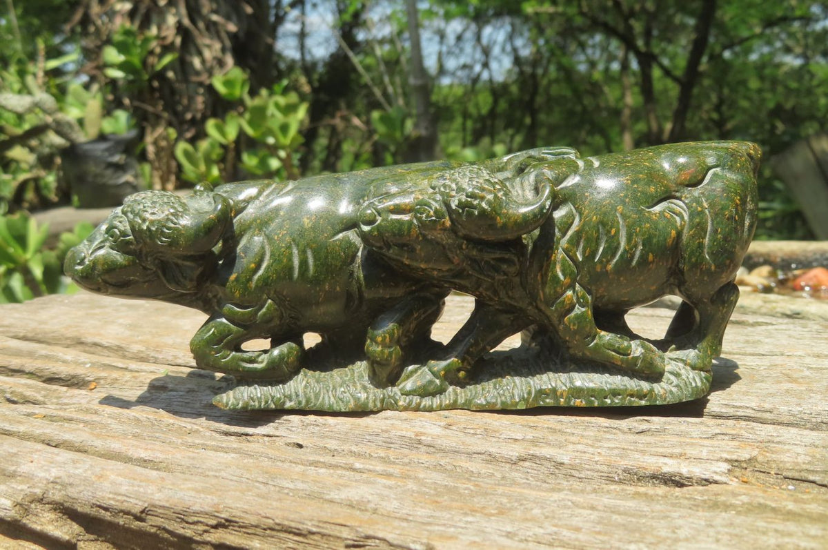 Hand Made Lion & Buffalo Verdite Carvings x 2 From Zimbabwe - Toprock Gemstones and Minerals 