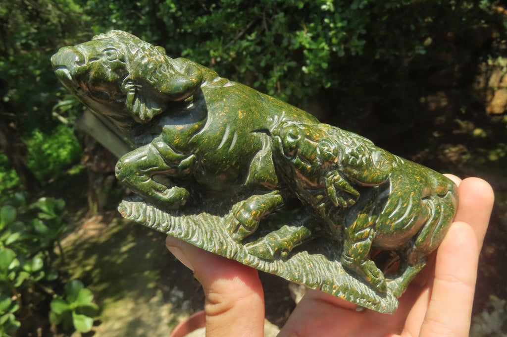 Hand Made Lion & Buffalo Verdite Carvings x 2 From Zimbabwe - Toprock Gemstones and Minerals 