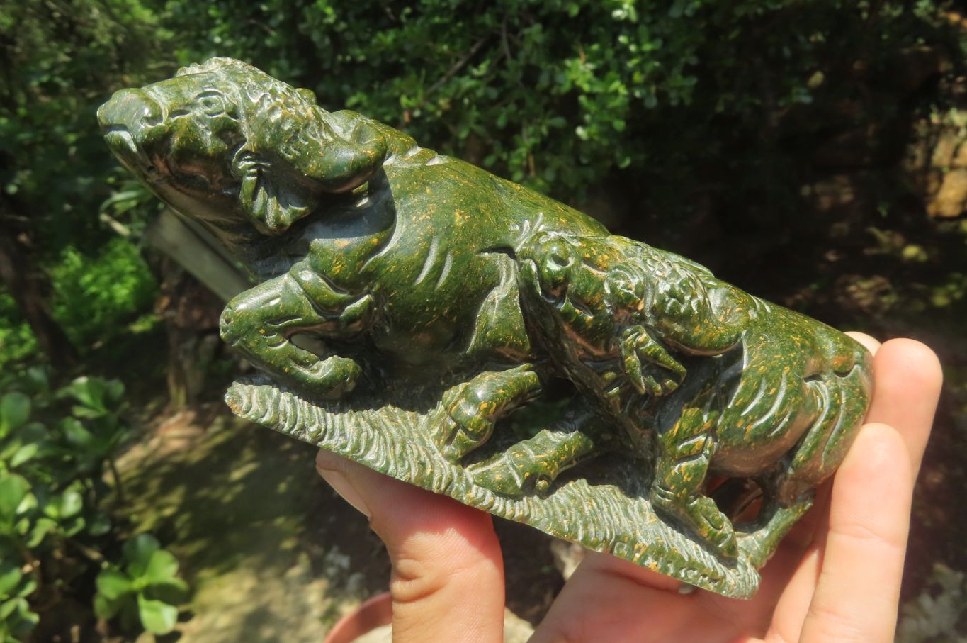 Hand Made Lion & Buffalo Verdite Carvings x 2 From Zimbabwe - Toprock Gemstones and Minerals 