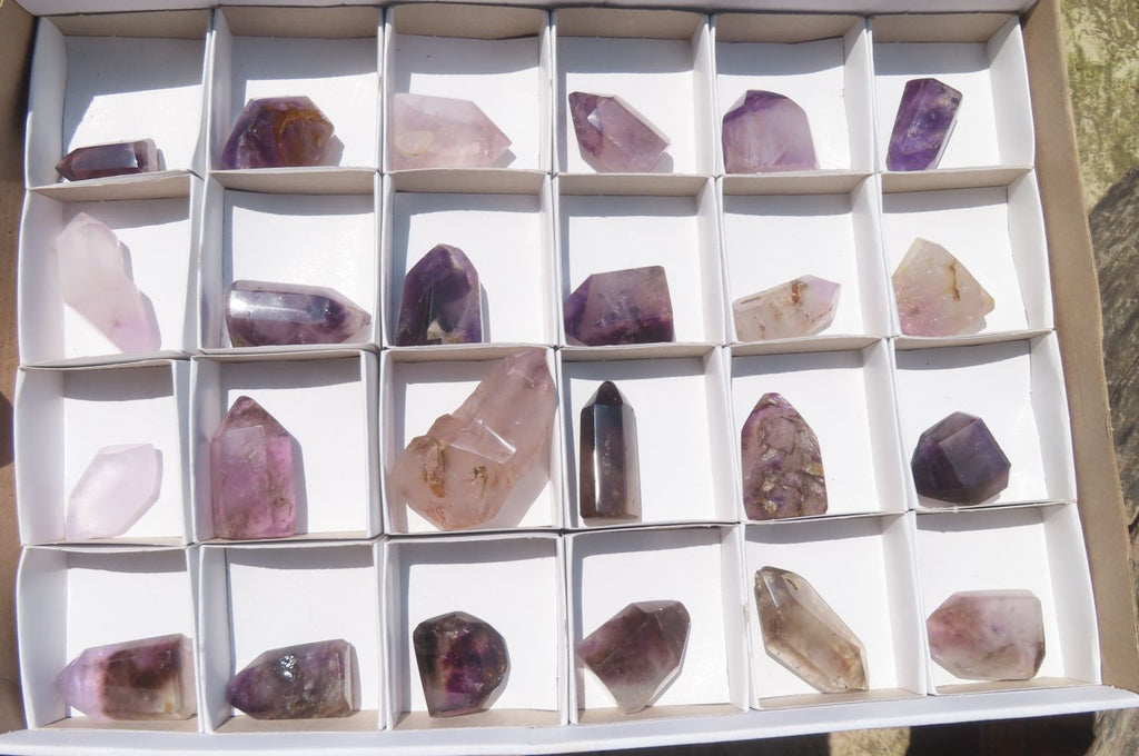 Polished Smokey Window Amethyst Quartz Crystals x 24 From Akansobe, Madagascar - Toprock Gemstones and Minerals 