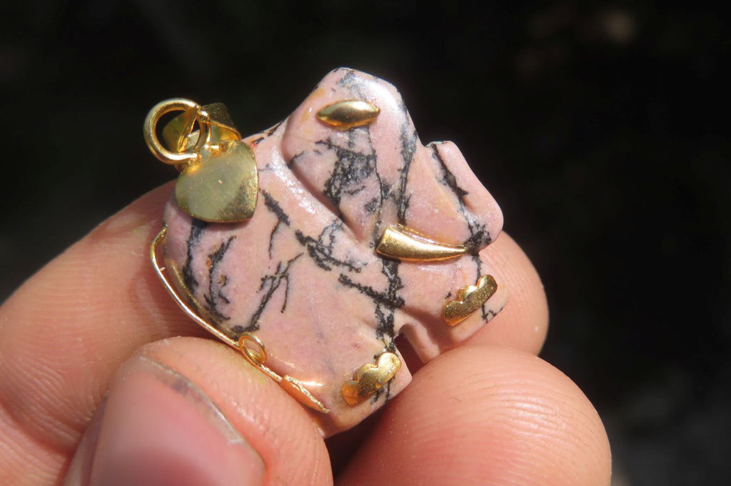 Polished Rhodonite Pink Elephant Pendant with Silver Bail and Trim - Sold Per Item - From Madagascar - Toprock Gemstones and Minerals 