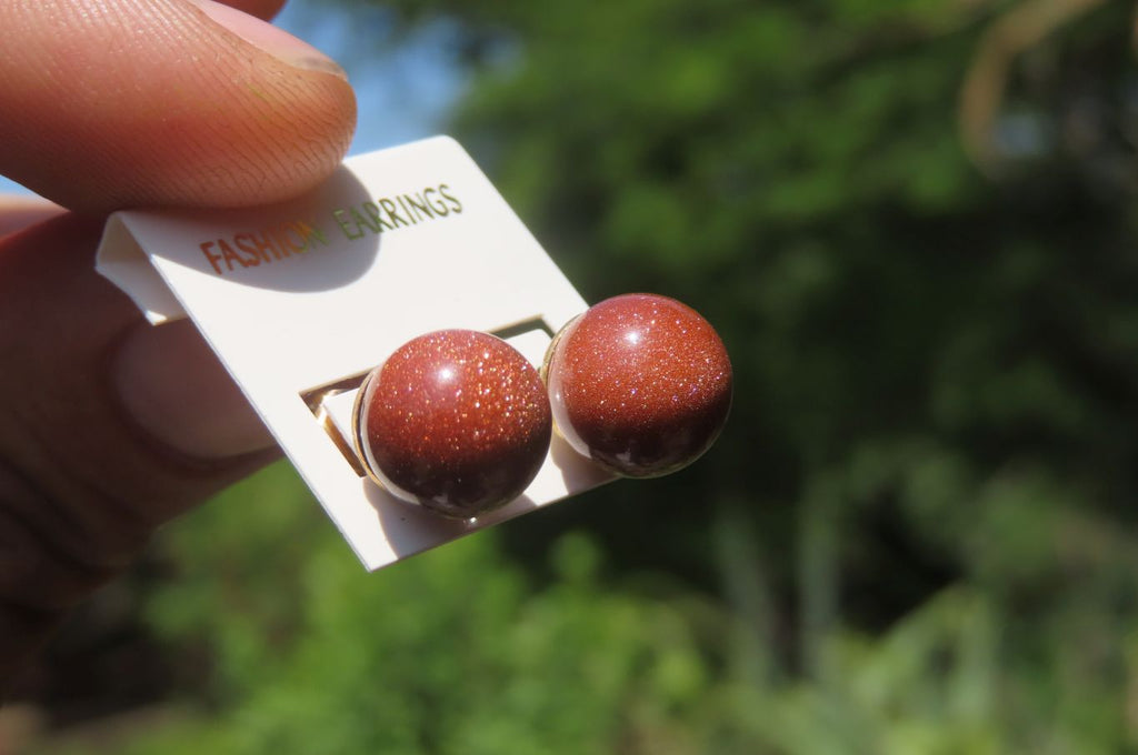 Polished Pair of Goldstone Sunstone Stud Earrings - sold per Pair - From India - Toprock Gemstones and Minerals 
