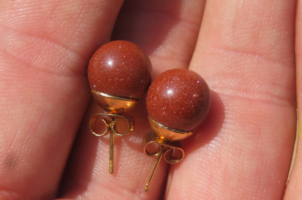 Polished Pair of Goldstone Sunstone Stud Earrings - sold per Pair - From India - Toprock Gemstones and Minerals 