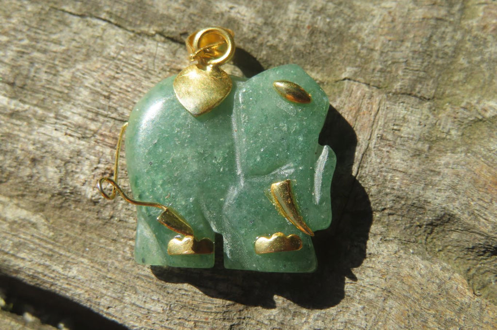 Polished Aventurine Elephant Pendant with 9ct Gold Bail and Trim - Sold Per Item - From Zimbabwe - Toprock Gemstones and Minerals 
