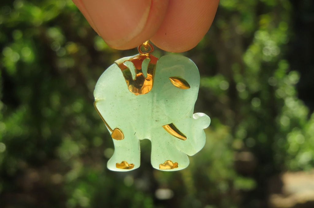Polished Larger Aventurine Elephant Pendant with 9ct Gold Plated Bail and Trim - Sold Per Item - From Zimbabwe - Toprock Gemstones and Minerals 