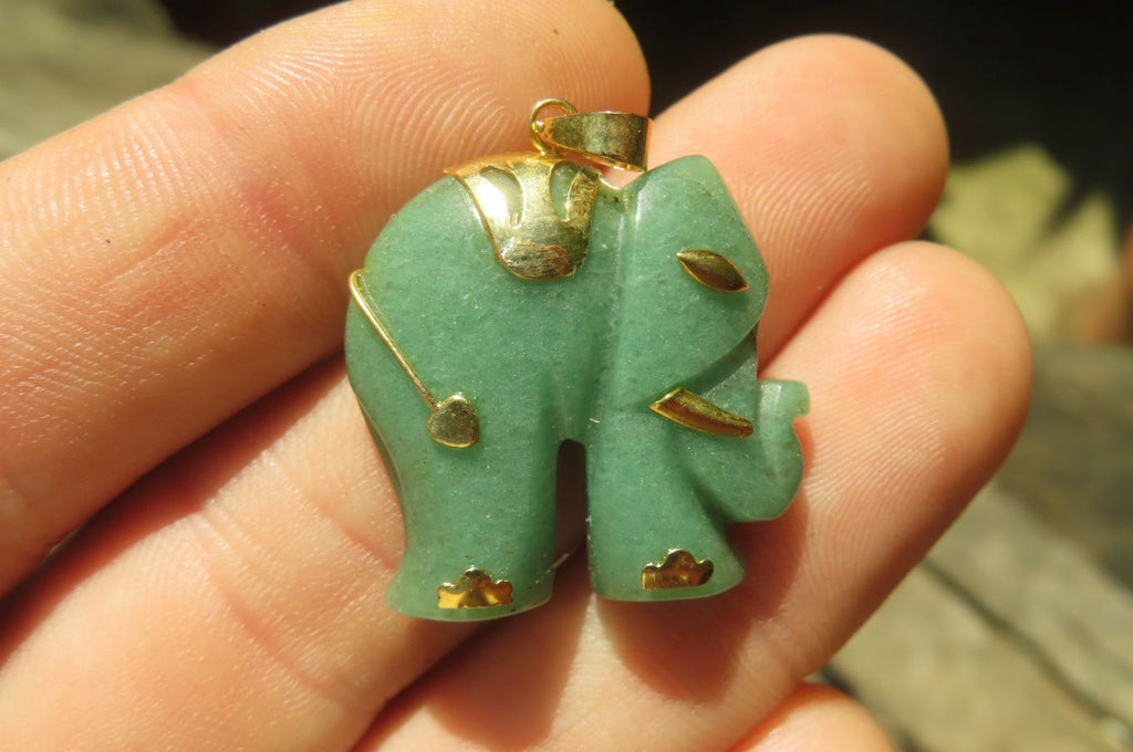 Polished Larger Aventurine Elephant Pendant with 9ct Gold Plated Bail and Trim - Sold Per Item - From Zimbabwe - Toprock Gemstones and Minerals 