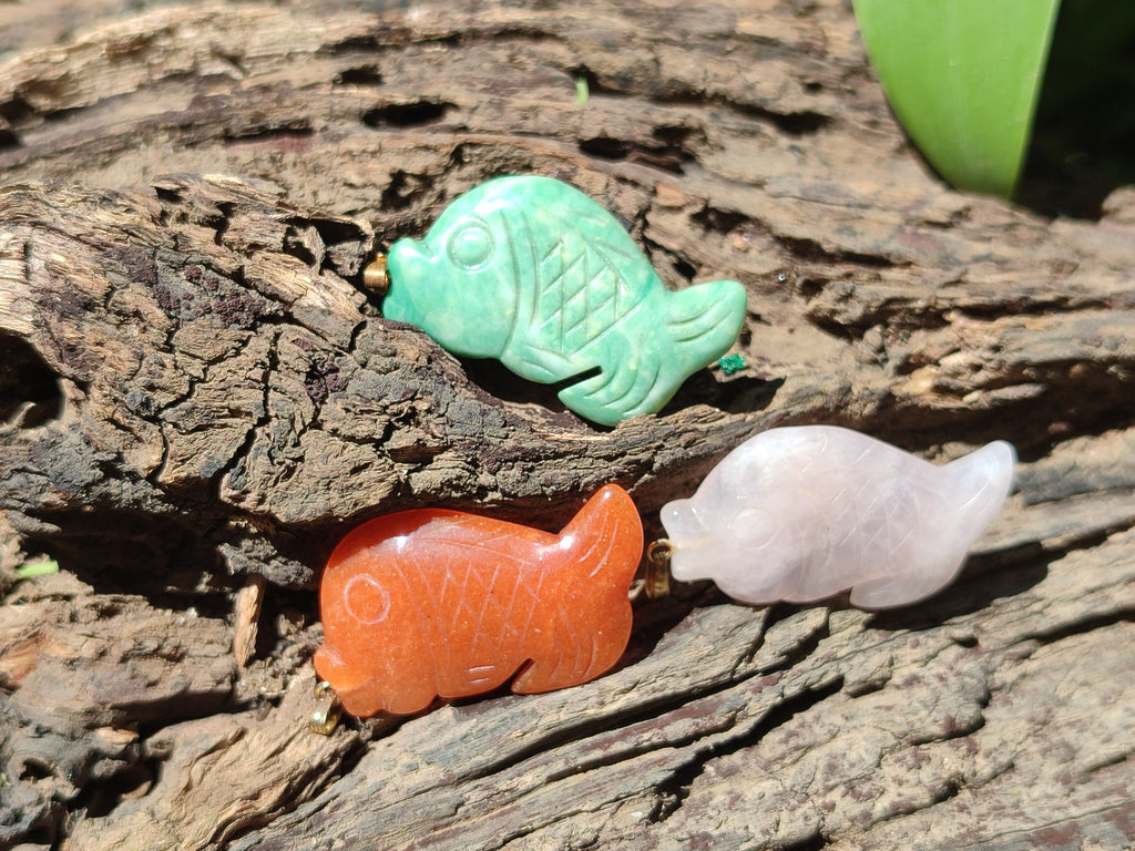 Hand Made Mixed Box Set of 12 Gemstone Fish Pendants with Gold Clasp - Sold Per Box - From World - Toprock Gemstones and Minerals 